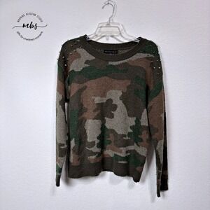 Milkyway Camouflage Knit Shoulder Studs Sweater Streetwear Green Brown Women M/L